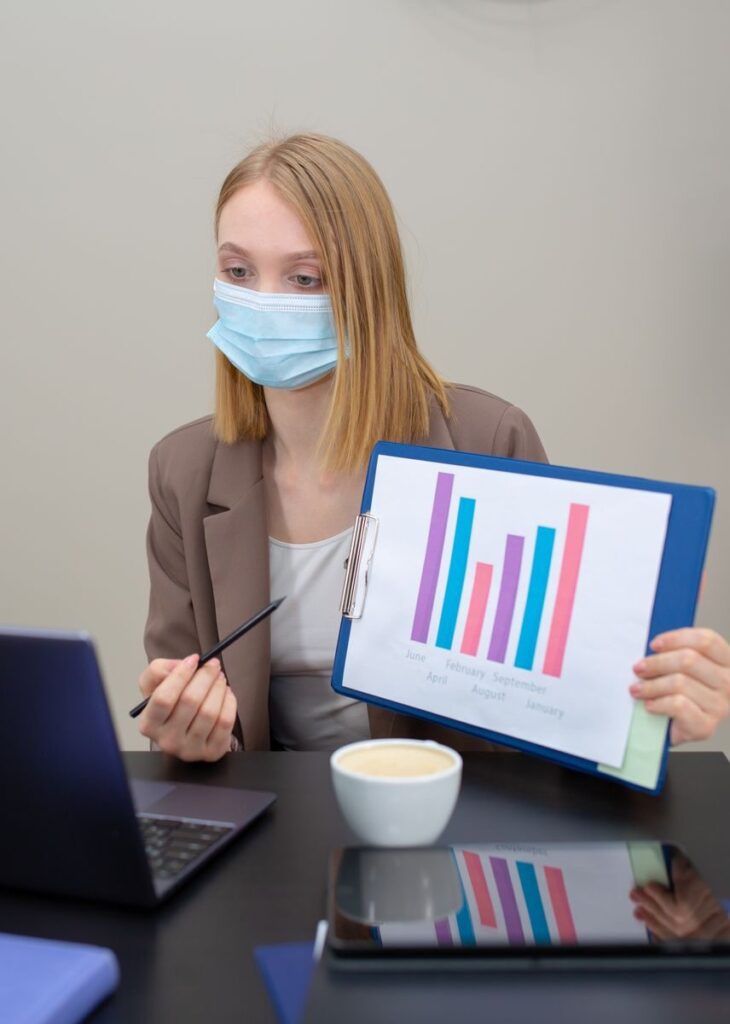 Woman in face mask presenting a bar graph in an office environment, representing modern work dynamics.