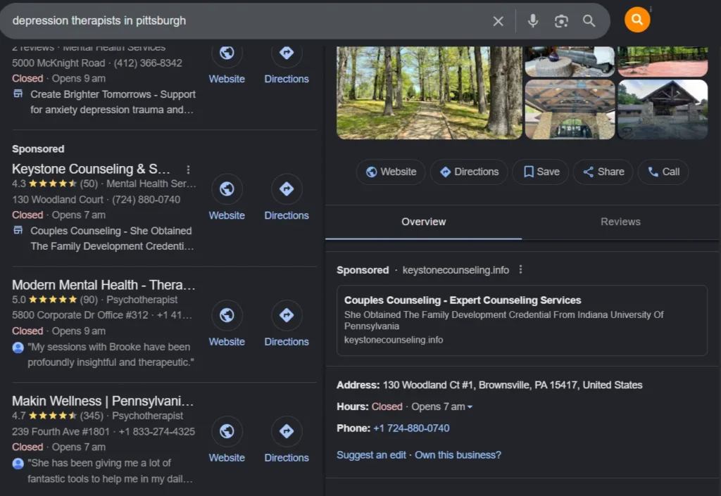 Marketing for therapists: local SEO results in a Google Business Profile dashboard