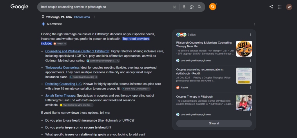 AI search results recommending therapists, illustrating therapist website SEO for AI search