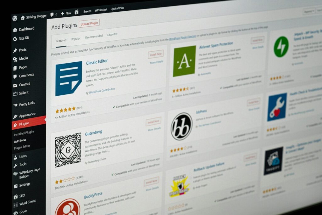 WordPress dashboard, one option when comparing the best website builder for therapists